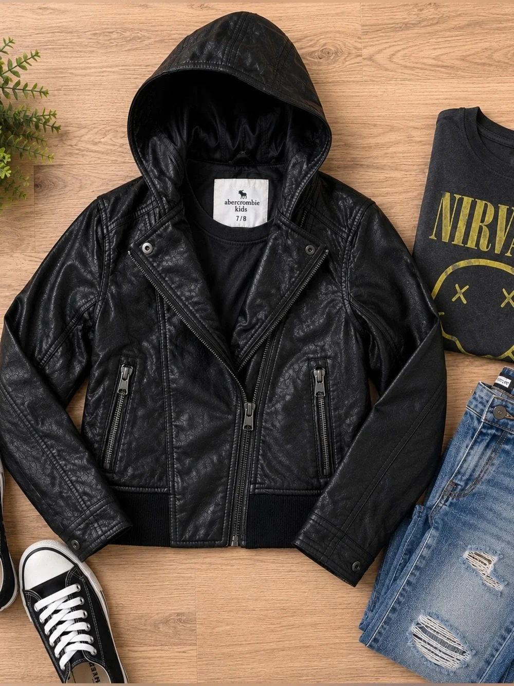 Abercrombie Kids Black Hooded Faux Leather Jacket